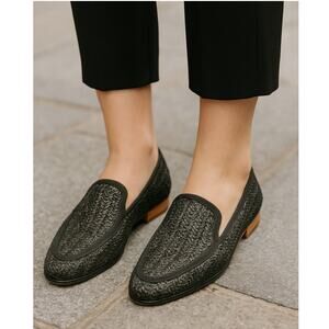KELSI DAGGER Womans 6 Stanton Woven Straw Loafers Pointed Toe Slip On Black Gray